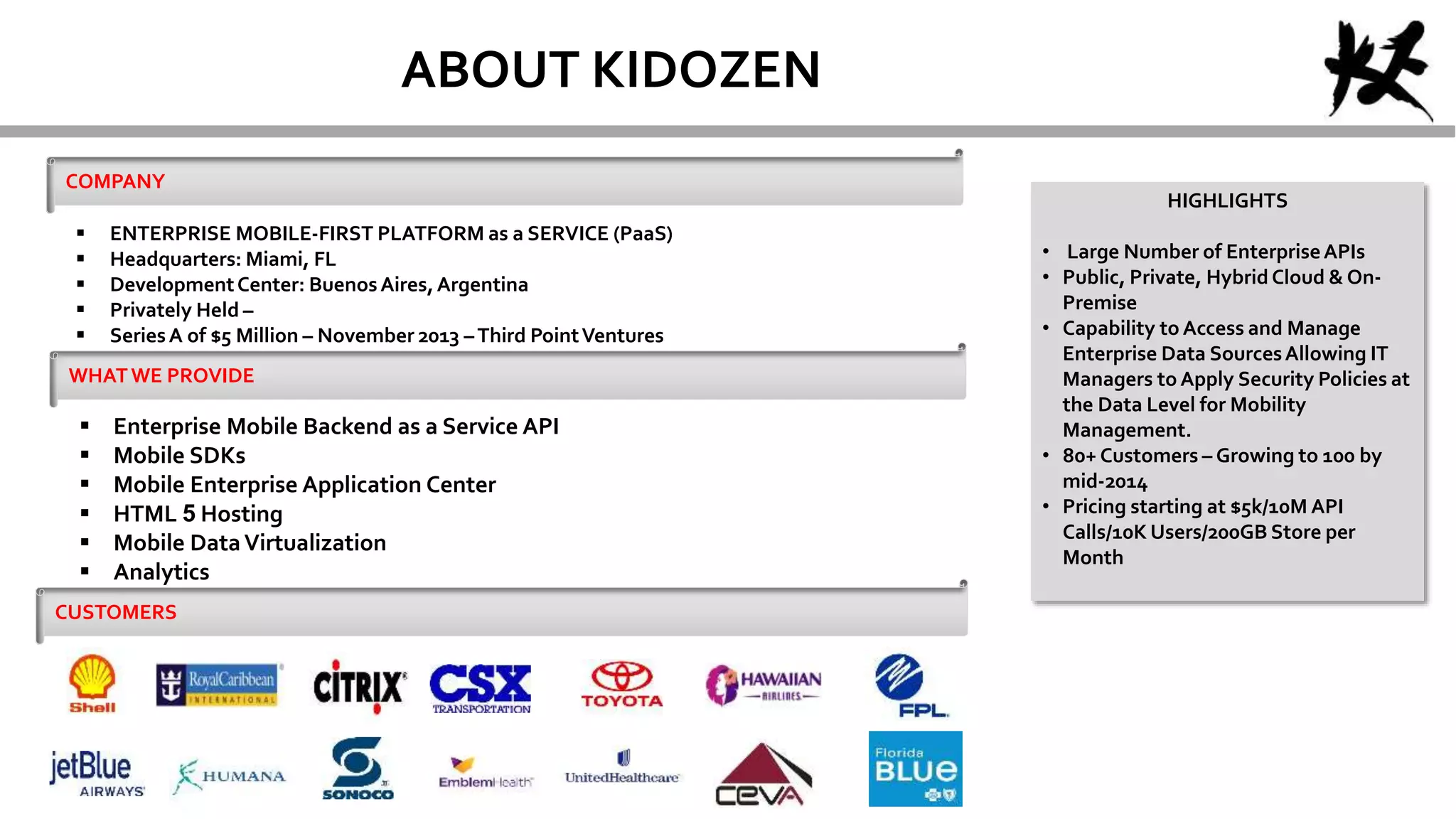 ABOUT KIDOZEN
COMPANY
 ENTERPRISE MOBILE-FIRST PLATFORM as a SERVICE (PaaS)
 Headquarters: Miami, FL
 DevelopmentCenter: BuenosAires,Argentina
 Privately Held –
 SeriesA of $5 Million – November 2013 –Third PointVentures
WHATWE PROVIDE
 Enterprise Mobile Backend as a Service API
 Mobile SDKs
 Mobile Enterprise Application Center
 HTML 5 Hosting
 Mobile DataVirtualization
 Analytics
CUSTOMERS
HIGHLIGHTS
• Large Number of EnterpriseAPIs
• Public, Private, Hybrid Cloud & On-
Premise
• Capability to Access and Manage
Enterprise Data SourcesAllowing IT
Managers to Apply Security Policies at
the Data Level for Mobility
Management.
• 80+ Customers – Growing to 100 by
mid-2014
• Pricing starting at $5k/10M API
Calls/10K Users/200GB Store per
Month
 