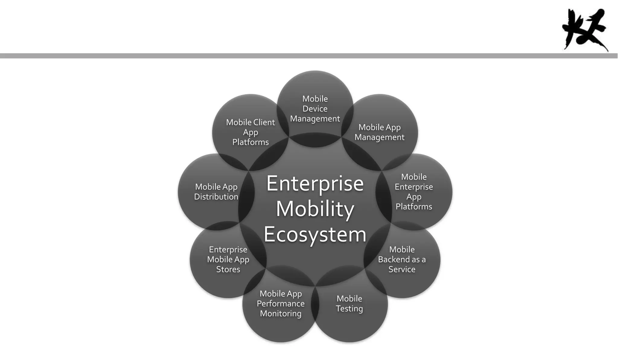 Enterprise
Mobility
Ecosystem
Mobile
Device
Management
Mobile App
Management
Mobile
Enterprise
App
Platforms
Mobile
Backend as a
Service
Mobile
Testing
Mobile App
Performance
Monitoring
Enterprise
Mobile App
Stores
Mobile App
Distribution
Mobile Client
App
Platforms
 