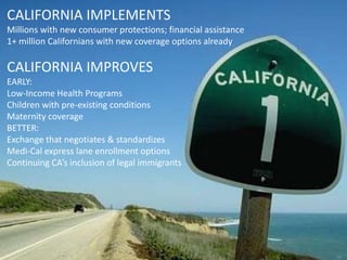 CALIFORNIA IMPLEMENTS
Millions with new consumer protections; financial assistance
1+ million Californians with new covera...
