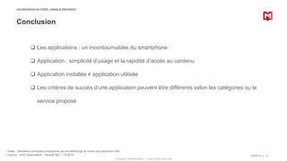 Copyright Médiamétrie – Tous droits réservés
09/06/2016 15
Base : Utilisateurs principaux smartphone qui ont téléchargé au moins une application DM
Source : Web Observatoire – Module MCI – T4 2015
Les applications sur mobile : usages et attachement
Conclusion
 Les applications : un incontournables du smartphone
 Application : simplicité d’usage et la rapidité d’accès au contenu
 Application installée ≠ application utilisée
 Les critères de succès d’une application peuvent être différents selon les catégories ou le
service proposé
 