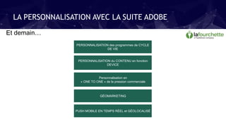 Personnalisation en
« ONE TO ONE » de la pression commerciale
GÉOMARKETING
PUSH MOBILE EN TEMPS RÉEL et GÉOLOCALISÉ
PERSONNALISATION des programmes de CYCLE
DE VIE
PERSONNALISATION du CONTENU en fonction
DEVICE
Et demain…
LA PERSONNALISATION AVEC LA SUITE ADOBE
 