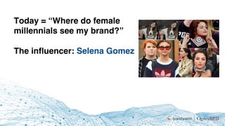 Today = “Where do female
millennials see my brand?”
The influencer: Selena Gomez
 