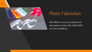 Plastic Fabrication
With OMNI cnc router, you could work on
these plastics: Acrylic, ABS, LEXAN, HDPE,
PVC, PETG, UHMW etc.
14
 