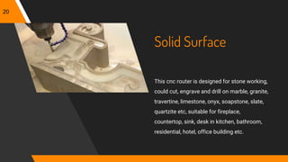 Solid Surface
This cnc router is designed for stone working,
could cut, engrave and drill on marble, granite,
travertine, limestone, onyx, soapstone, slate,
quartzite etc, suitable for fireplace,
countertop, sink, desk in kitchen, bathroom,
residential, hotel, office building etc.
20
 