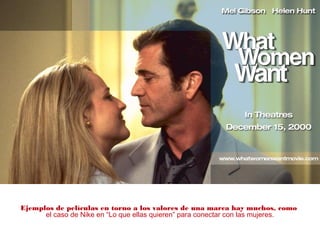 Ejemplos de películas en torno a los valores de una marca hay muchos, como
el caso de Nike en “Lo que ellas quieren” para conectar con las mujeres.
 