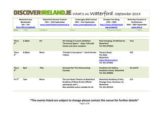 What’s on Waterford September 2014 
Waterford Jazz 
Weekender 
5th – 7th 
http://bit.ly/1pdfaAA 
Waterford Harvest Festival 
12th – 14th September 
www.waterfordharvestfestival.ie 
Comeraghs Wild Festival 
18th – 21st September 
www.comeraghswild.com 
October Fest Beag 
25th – 28th 
http://www.oktoberfestb 
eag.ie/about/ 
Waterford Festival of 
Architecture 
26th – 28th September 
www.wfa.ie 
Date Time Category Event Venue & contact Price 
*The events listed are subject to change please contact the venue for further details* 
Page 1 of 9 
Thurs 4th 6.30pm Art Art Closing of current exhibition “Personnel Space” – Open Talk with cheese and wine reception Hive Emerging, 25 Michael St, Waterford Tel: 051-875823 Free 
Thurs 4th 
8.00pm 
Music 
“Friends in low places” – Garth Brooks Tribute 
Theatre Royal, 
The Mall, 
Waterford 
www.theatreroyal.ie 
Tel: 051 874402 
€25 Thurs 4th 8pm Play Seriously No! The Homecoming - Comedy Greyfriars Art Gallery, Greyfriars Street, Waterford Tel: 051-849856 €4 and €5 
Fri 5th 
7pm 
Music 
The Live Room Theatre at Waterford Academy of Music & Arts Official opening by Jack L. 
Non-alcoholic event suitable for all. 
Waterford Academy of Arts, Passage Cross, Dunmore rd., 
Waterford 
Tel: 051-821014 
€15  