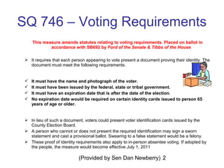 (Provided by Sen Dan Newberry) 2
SQ 746 – Voting Requirements
This measure amends statutes relating to voting requirements. Placed on ballot in
accordance with SB692 by Ford of the Senate & Tibbs of the House
 It requires that each person appearing to vote present a document proving their identity. The
document must meet the following requirements.
 It must have the name and photograph of the voter.
 It must have been issued by the federal, state or tribal government.
 It must have an expiration date that is after the date of the election.
 No expiration date would be required on certain identity cards issued to person 65
years of age or older.
 In lieu of such a document, voters could present voter identification cards issued by the
County Election Board.
 A person who cannot or does not present the required identification may sign a sworn
statement and cast a provisional ballot. Swearing to a false statement would be a felony.
 These proof of identity requirements also apply to in-person absentee voting. If adopted by
the people, the measure would become effective July 1, 2011
 