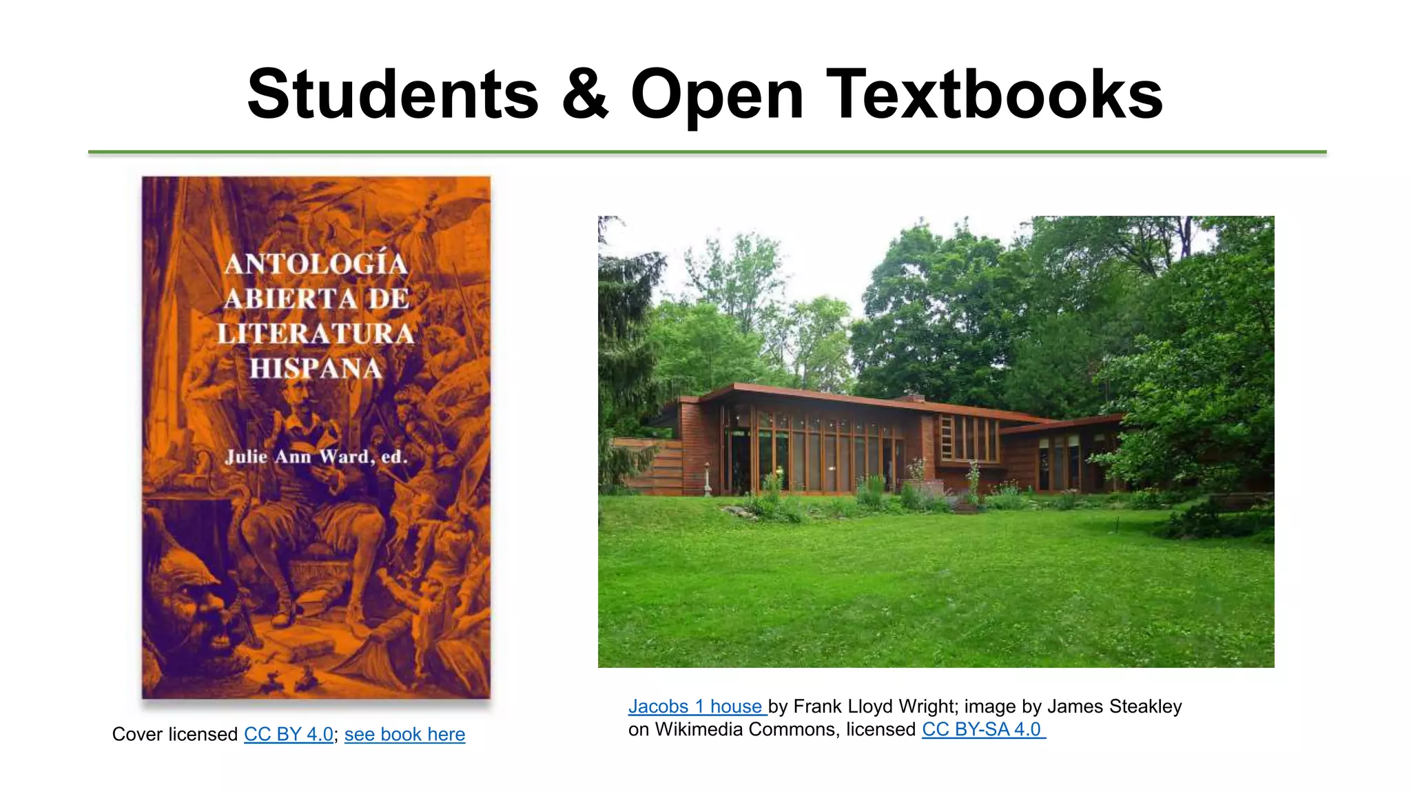 Students & Open Textbooks
Cover licensed CC BY 4.0; see book here
Jacobs 1 house by Frank Lloyd Wright; image by James Steakley
on Wikimedia Commons, licensed CC BY-SA 4.0
 