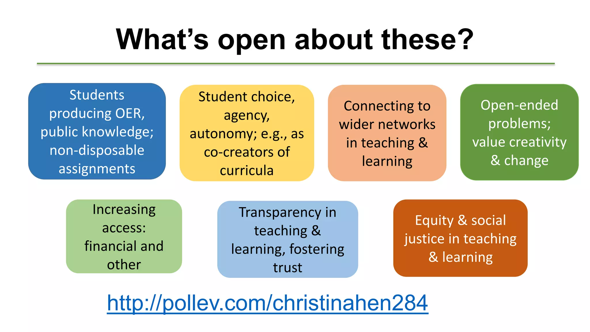 What’s open about these?
Students
producing OER,
public knowledge;
non-disposable
assignments
Student choice,
agency,
autonomy; e.g., as
co-creators of
curricula
Connecting to
wider networks
in teaching &
learning
Open-ended
problems;
value creativity
& change
Increasing
access:
financial and
other
Transparency in
teaching &
learning, fostering
trust
Equity & social
justice in teaching
& learning
http://pollev.com/christinahen284
 
