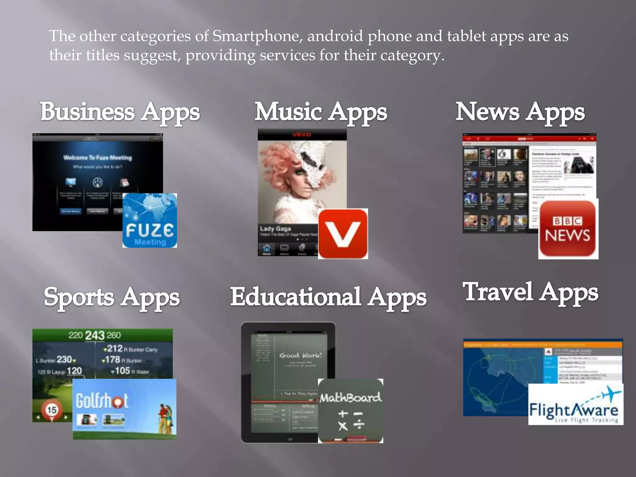 The other categories of Smartphone, android phone and tablet apps are as
their titles suggest, providing services for their category.
 