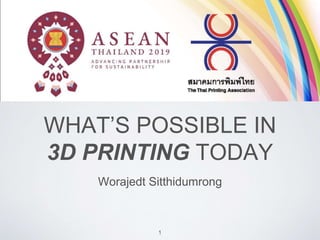 WHAT’S POSSIBLE IN
3D PRINTING TODAY
Worajedt Sitthidumrong
1
 