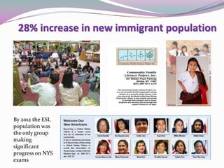 28% increase in new immigrant population
By 2012 the ESL
population was
the only group
making
significant
progress on NYS
exams
 