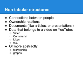 Non tabular structures
● Connections between people
● Ownership relations
● Documents (like articles, or presentations)
● Data that belongs to a video on YouTube:
○ Video
○ Comments
○ Likes
○ etc.
● Or more abstractly
○ hierarchies
○ graphs
 