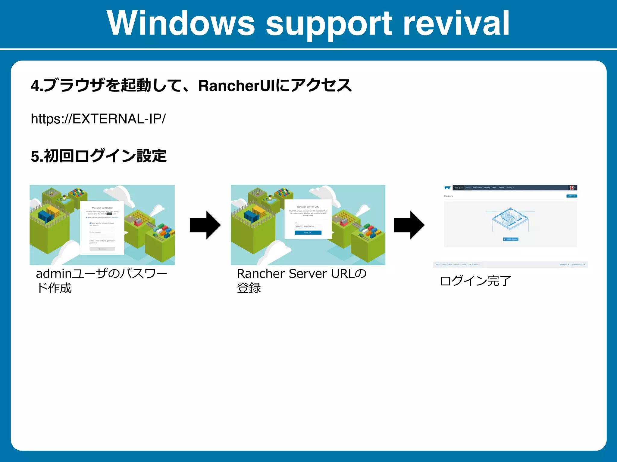 Windows support revival
4. RancherUI
https://EXTERNAL-IP/
5.
 