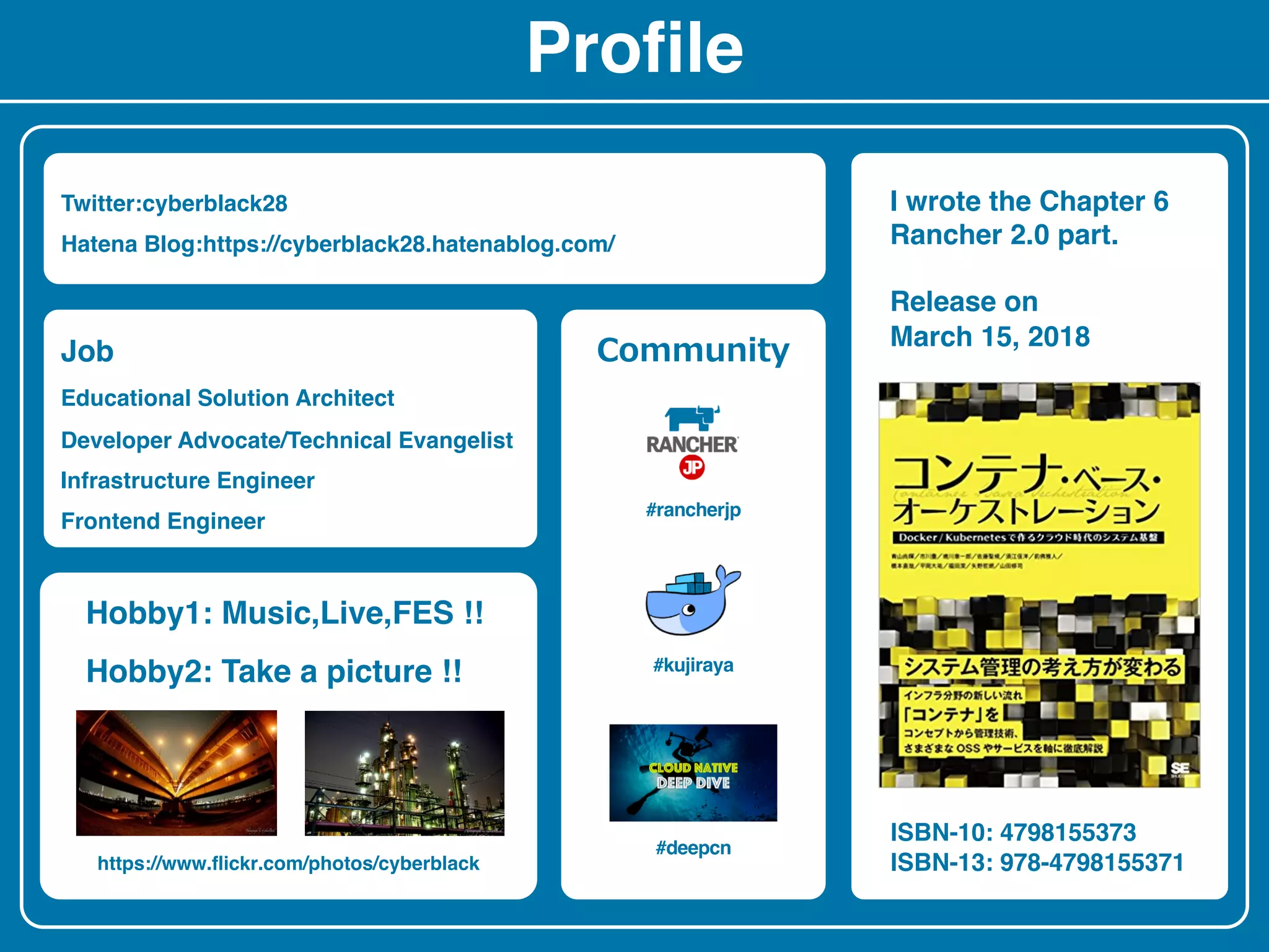 Profile
Twitter:cyberblack28
Hatena Blog:https://cyberblack28.hatenablog.com/
Job
Educational Solution Architect
Developer Advocate/Technical Evangelist
Infrastructure Engineer
Frontend Engineer
Hobby1: Music,Live,FES !!
Hobby2: Take a picture !!
https://www.flickr.com/photos/cyberblack
ISBN-10: 4798155373
ISBN-13: 978-4798155371
I wrote the Chapter 6
Rancher 2.0 part.
Release on
March 15, 2018
#rancherjp
#kujiraya
#deepcn
 