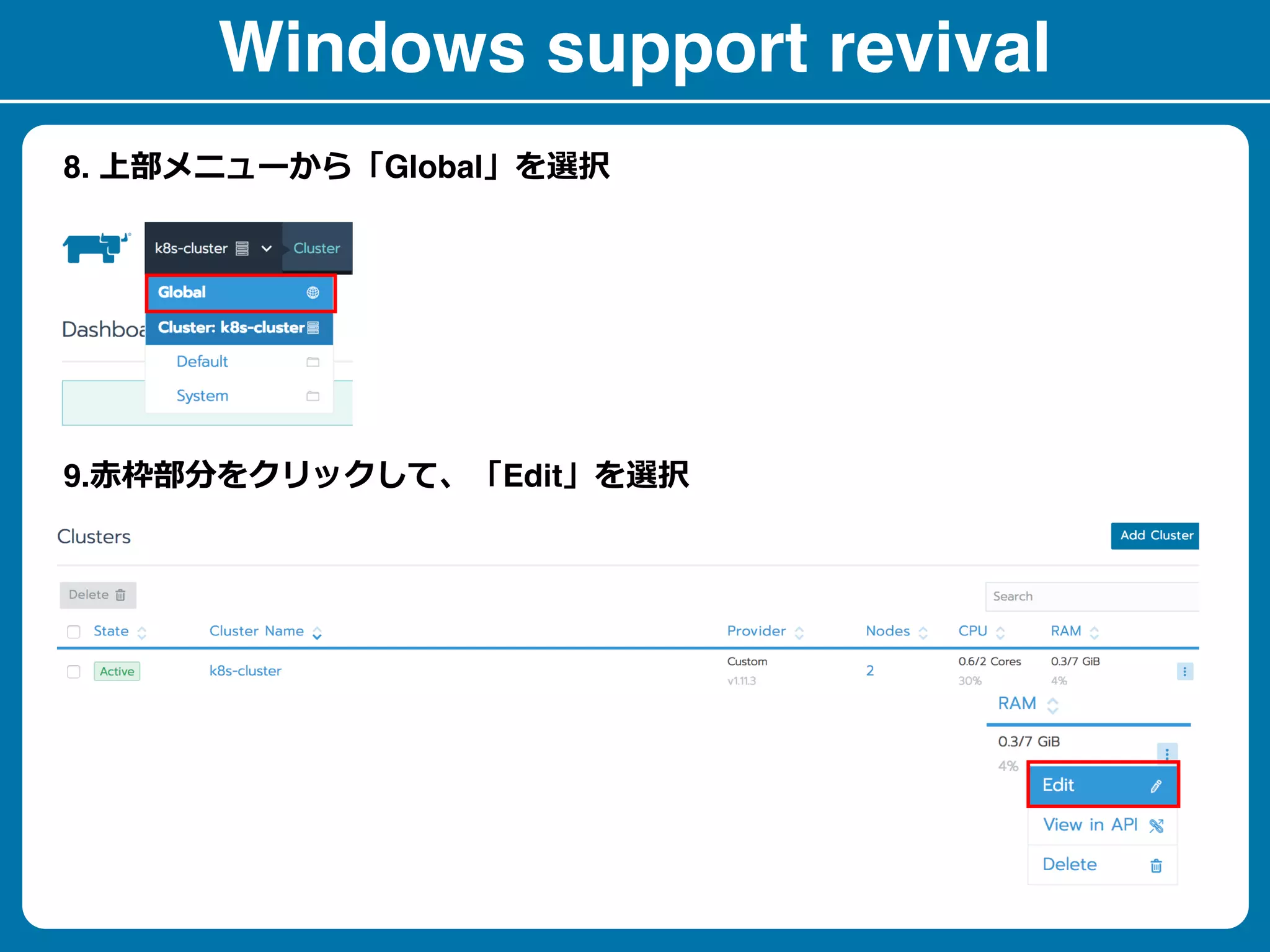 Windows support revival
8. Global
9. Edit
 