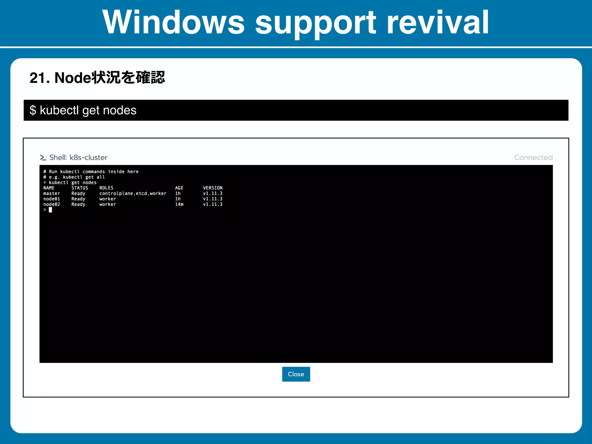 Windows support revival
21. Node
$ kubectl get nodes
 