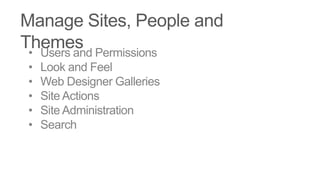 •   Users and Permissions
•   Look and Feel
•   Web Designer Galleries
•   Site Actions
•   Site Administration
•   Search
 