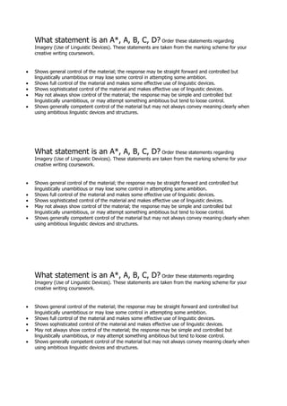 What statement is an A*, A, B, C, D? Order these statements regarding
Imagery (Use of Linguistic Devices). These statements are taken from the marking scheme for your
creative writing coursework.


Shows general control of the material; the response may be straight forward and controlled but
linguistically unambitious or may lose some control in attempting some ambition.
Shows full control of the material and makes some effective use of linguistic devices.
Shows sophisticated control of the material and makes effective use of linguistic devices.
May not always show control of the material; the response may be simple and controlled but
linguistically unambitious, or may attempt something ambitious but tend to loose control.
Shows generally competent control of the material but may not always convey meaning clearly when
using ambitious linguistic devices and structures.




What statement is an A*, A, B, C, D? Order these statements regarding
Imagery (Use of Linguistic Devices). These statements are taken from the marking scheme for your
creative writing coursework.


Shows general control of the material; the response may be straight forward and controlled but
linguistically unambitious or may lose some control in attempting some ambition.
Shows full control of the material and makes some effective use of linguistic devices.
Shows sophisticated control of the material and makes effective use of linguistic devices.
May not always show control of the material; the response may be simple and controlled but
linguistically unambitious, or may attempt something ambitious but tend to loose control.
Shows generally competent control of the material but may not always convey meaning clearly when
using ambitious linguistic devices and structures.




What statement is an A*, A, B, C, D? Order these statements regarding
Imagery (Use of Linguistic Devices). These statements are taken from the marking scheme for your
creative writing coursework.


Shows general control of the material; the response may be straight forward and controlled but
linguistically unambitious or may lose some control in attempting some ambition.
Shows full control of the material and makes some effective use of linguistic devices.
Shows sophisticated control of the material and makes effective use of linguistic devices.
May not always show control of the material; the response may be simple and controlled but
linguistically unambitious, or may attempt something ambitious but tend to loose control.
Shows generally competent control of the material but may not always convey meaning clearly when
using ambitious linguistic devices and structures.
 