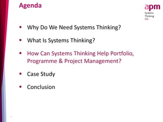 Agenda
 Why Do We Need Systems Thinking?
 What Is Systems Thinking?
 How Can Systems Thinking Help Portfolio,
Programme & Project Management?
 Case Study
 Conclusion
15
 