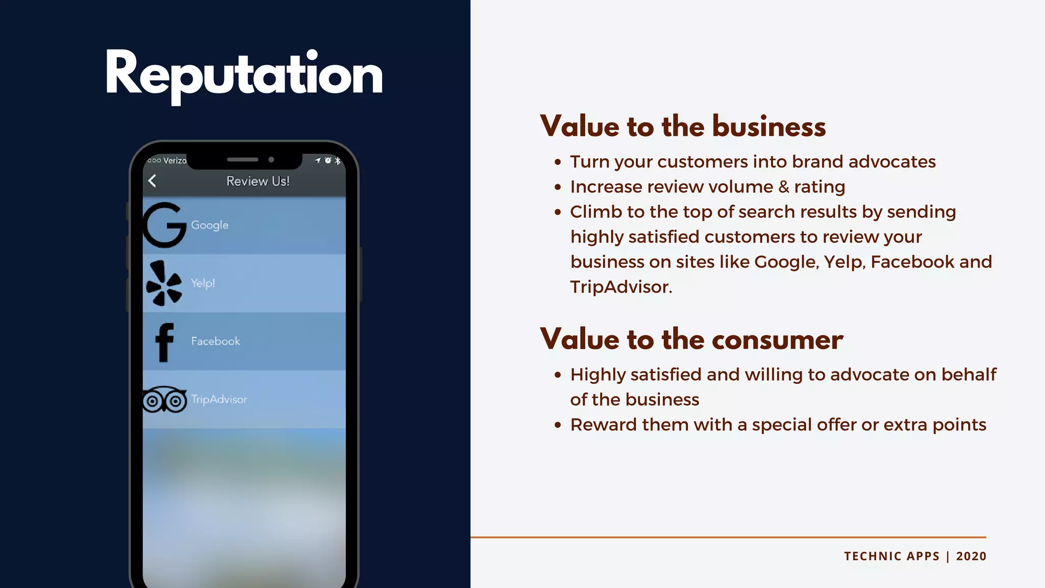 TECHNIC APPS | 2020
Reputation
Turn your customers into brand advocates
Increase review volume & rating
Climb to the top of search results by sending
highly satisfied customers to review your
business on sites like Google, Yelp, Facebook and
TripAdvisor.
Highly satisfied and willing to advocate on behalf
of the business
Reward them with a special offer or extra points
Value to the business
Value to the consumer
 