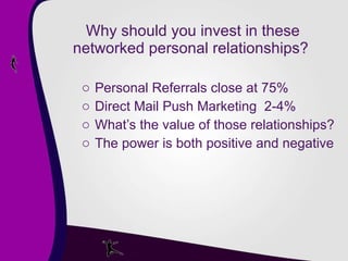 Why should you invest in these networked personal relationships?   Personal Referrals close at 75% Direct Mail Push Marketing  2-4% What’s the value of those relationships? The power is both positive and negative 