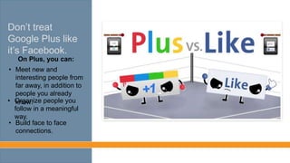 Don’t treat Google
Plus like it’s
Facebook.
• Organize people you
follow in a meaningful
way.
On Plus, you can:
• Meet new and
interesting people from
far away, in addition to
people you already
know.
• Build face to face
connections.
 
