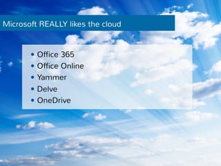Microsoft REALLY likes the cloud 
— Office 365 
— Office Online 
— Yammer 
— Delve 
— OneDrive 
Image: Kurdistann CC-BY-SA-3.0 
 