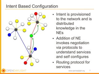 www.opendaylight.org
 Intent is provisioned
to the network and is
distributed
knowledge in the
NEs
 Addition of NE
invok...