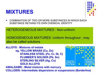 MIXTURES COMBINATION OF TWO OR MORE SUBSTANCES IN WHICH EACH SUBSTANCE RETAINS ITS OWN CHEMICAL IDENTITY HETEROGENEOUS MIXTURES : Non-uniform HOMOGENEOUS MIXTURES: Uniform throughout ; may also be called solutions ALLOYS : Mixtures of metals eg. YELLOW BRASS (Cu, Zn) STAINLESS STEEL (Fe, Cr, Ni, C) PLUMBER’S SOLDER (Pb, Sn) STERLING SILVER (Ag, Cu) GOLD ALLOYS AMALGAMS : Metal mixtures with mercury COLLOIDS: Intermediate dispersions or suspensions (Borderline) 