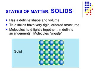 STATES OF MATTER:  SOLIDS Has a definite shape and volume True solids have very rigid, ordered structures Molecules held tightly together ; in definite arrangements ; Molecules “wiggle” 
