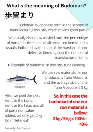 What's the meaning of Budomari?
Budomari is Japanese term in the scoope of
manufacturing industry which means good parts.


We usually also know as yield rate, the percentage
of non-defective items of all produced items, and is
usually indicated by the ratio of the number of non-
defective items against the number of
manufactured items.
Example of budomari in industry tuna canning
We use raw materials for our
products is Tuna Albacore,
and the average size of one
Tuna Albacore is 5 kg
After we peel the skin,
remove the bone,
remove the head and all
of parts non-value
added, we only get 2 kg
loin (fillet meat)
Created by: Robi Cahyadi
So,inthiscasethe
budomariofoneour
rawmaterialis
bellow:
2kg/5kgx100%=
40%
 