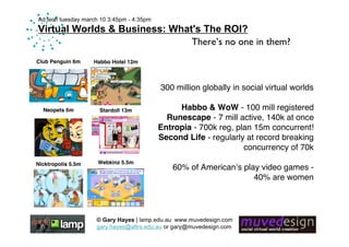 Ad:tech tuesday march 10 3:45pm - 4:35pm
Virtual Worlds & Business: What's The ROI?
                               There’s...