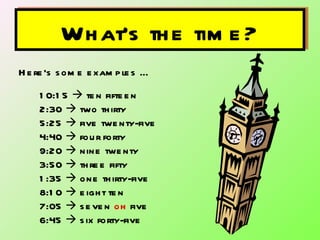 What’s the time? Here’s some examples … 10:15    ten fifteen 2:30    two thirty 5:25    five twenty-five 4:40    four forty 9:20    nine twenty 3:50    three fifty 1:35    one thirty-five 8:10    eight ten 7:05    seven  oh  five 6:45    six forty-five 