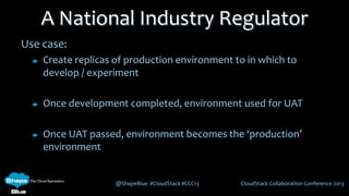 @ShapeBlue #CloudStack #CCC13 CloudStack Collaboration Conference 2013
Use case:
Create replicas of production environment to in which to
develop / experiment
Once development completed, environment used for UAT
Once UAT passed, environment becomes the ‘production’
environment
A National Industry Regulator
 