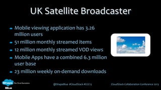 @ShapeBlue #CloudStack #CCC13 CloudStack Collaboration Conference 2013
UK Satellite Broadcaster
Mobile viewing application has 3.26
million users
51 million monthly streamed items
12 million monthly streamed VOD views
Mobile Apps have a combined 6.3 million
user base
23 million weekly on-demand downloads
 