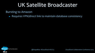 @ShapeBlue #CloudStack #CCC13 CloudStack Collaboration Conference 2013
Bursting to Amazon
Requires VPN/direct link to maintain database consistency
UK Satellite Broadcaster
 