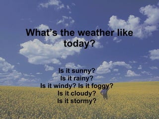 What’s the weather like today? Is it sunny? Is it rainy? Is it windy? Is it foggy? Is it cloudy? Is it stormy? 