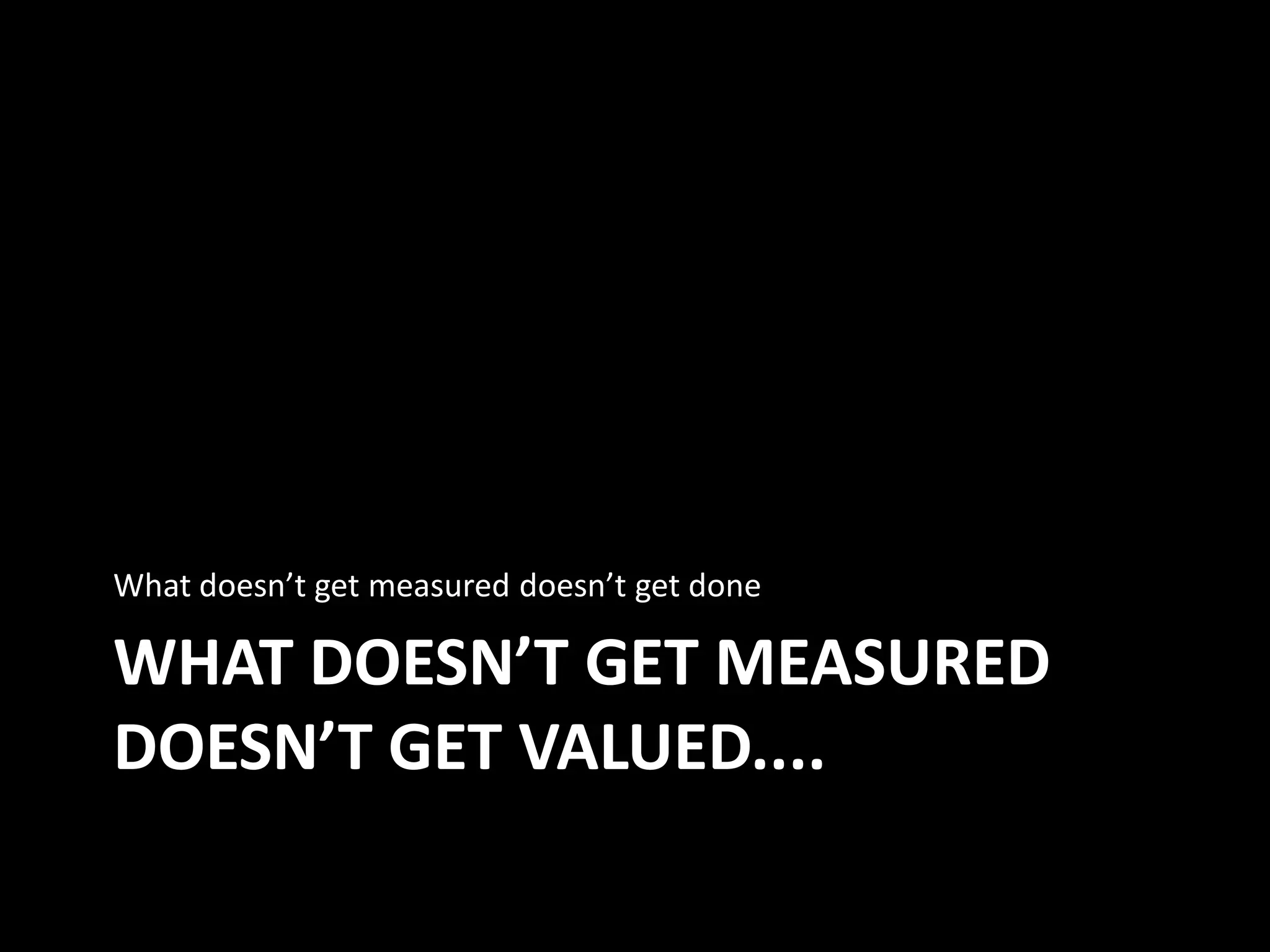 What doesn’t get measured doesn’t get done

WHAT DOESN’T GET MEASURED
DOESN’T GET VALUED....
 