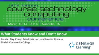What Students Know and Don’t Know
Jennifer Day, Cheryl Reindl-Johnson, and Jennifer Romero
Sinclair Community College
 