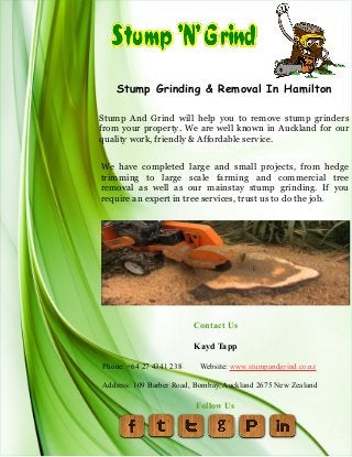 Stump Grinding & Removal In Hamilton
Stump And Grind will help you to remove stump grinders
from your property. We are well known in Auckland for our
quality work, friendly & Affordable service.
We have completed large and small projects, from hedge
trimming to large scale farming and commercial tree
removal as well as our mainstay stump grinding. If you
require an expert in tree services, trust us to do the job.
Contact Us
Kayd Tapp
Phone: +64 27 4341 238 Website: www.stumpandgrind.co.nz
Address: 109 Barber Road, Bombay, Auckland 2675 New Zealand
Follow Us
 
