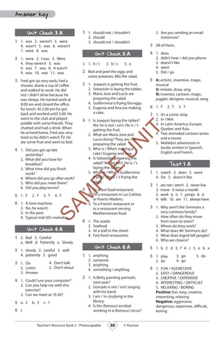 30Teacher’s Resource Bank 2 - Photocopiable © Pearson
Unit Check 3 A
1 1. was 2. weren’t 3. were
4. wasn’t 5. was 6. weren’t
7. were 8. was
2 1. were 2. I was 3. Were
4. they weren’t 5. was
6. was 7. was 8. It wasn’t
9. was 10. was 11. was
3 Fred got up very early, had a
shower, drank a cup of coffee
and walked to work. He did
not / didn’t drive because he
was sleepy. He started work at
8.00 am and closed the office
for lunch. At 2.00 pm he got
back and worked until 5.00. He
went to the club and played
paddle with some friends. They
chatted and had a drink. When
he arrived home, Fred was very
tired so he didn’t watch TV. He
ate some fruit and went to bed.
4 1. Did you get up late
yesterday?
2. What did you have for
breakfast?
3. What time did you finish
work?
4. Where did you go after work?
5. Who did you meet there?
6. Did you play tennis?
5 1. F 2. F 3. T 4. F
6 1. A time machine.
2. No, he wasn’t.
3. In the past.
4. Typical mid-50’s melodies.
Unit Check 4 A
1 2. Bad 3. Careful
a. Well d. Patiently e. Slowly
2 1. slowly 2. careful 3. well
4. patiently 5. good
3 1. Do
2. Listen
3. Answer
4. Don’t talk
5. Don’t shout
4 1. Could I use your computer?
2. Can you help me with this
exercise?
3. Can we meet at 10.30?
5 a. 2 b. 3 c. 1
6 c
7 1. should not / shouldn’t
2. should
3. should not / shouldn’t
Unit Check 5 A
1 1. b / c 2. b / c 3. a
2 Boil and peel the eggs and
some potatoes. Mix the salad.
3 1. Joaquín is getting the fruit.
2. Sebastián is laying the tables.
3. María José and Lucio are
preparing the salad.
4. Guillermina is frying the eggs.
5. Eugenia and Ana are making
a cake.
4 1. Is Joaquín laying the tables?
No, he is not / isn’t. He is /‘s
getting the fruit.
2. What are María José and
Lucio doing? They are /‘re
preparing the salad.
3. Who is / Who’s making a
cake? Eugenia and Ana.
4. Is Sebastián preparing the
salad? No, he isn’t. He is /‘s
laying the tables.
5. What is / What’s Guillermina
frying? She is / ’s frying the
eggs.
5 1. To a fast food restaurant.
2. To a restaurant in Las Cañitas
or Puerto Madero.
3. To a French restaurant or
to a restaurant serving
Mediterranean food.
6 1. The asado.
2. Seafood.
3. At a stall in the street.
4. Fast food restaurants.
Unit Check 6 A
1 1. anything
2. someone
3. anything
4. something / anything
2 1. Is Betty painting portraits
next year?
2. Gonzalo is not / isn’t singing
with his band.
3. I am /‘m studying in the
library.
4. Is the (famous) acrobat
working in a (famous) circus?
5. Are you sending an email
tomorrow?
3 All of them.
4 1. does
2. didn’t hear / did you phone
3. doesn’t like
4. went
5. Did / go
5 A: artistic, inventive, magic,
musical
V: imitate, draw, sing
N: inventor, cartoon, magic,
juggler, designer, musical, song
6 1. F 2. T 3. T
7 1. It’s a comic strip.
2. In 1964.
3. In Latin America, Europe,
Quebec and Asia.
4. Two animated cartoon series
and a movie.
5. Mafalda’s adventures in
books written in Spanish,
English and French.
Test 1 A
1 1. watch 2. does 3. want
4. Do 5. doesn’t like
2 1. are not / aren’t 2. never live
3. move 4. twice a month
5. work 6. is 7. jumps 8. is
9. tells 10. are 11. always have
3 1. Why aren’t the Simmons a
very common family?
2. How often do they move
from town to town?
3. Where do they work?
4. What does Mr Simmons do?
5. What does Ingrid tell people?
6. Who are clowns?
4 1. b 2. d 3. f 4. c 5. e 6. a
5 1. play
2. do
3. go
4. go
5. do
6 1. FUN / AGGRESSIVE
2. EASY / DANGEROUS
3. CREATIVE / EXPENSIVE
4. INTERESTING / DIFFICULT
5. RELAXING / BORING
Positive: fun, easy, creative,
interesting, relaxing
Negative: aggressive,
dangerous, expensive, difficult,
boring
Answer key
M01_WU_TBR_02ARG_1795 (3M).indd 30 07/02/12 16:29
SAM
PLE
ypical mid-50’s melodies.
SAM
PLE
ypical mid-50’s melodies.
cake? Eugenia and Ana.
SAM
PLE
cake? Eugenia and Ana.
ebastián preparing the
SAM
PLE
ebastián preparing the
salad? No, he isn’t. He is /‘s
SAM
PLE
salad? No, he isn’t. He is /‘s
laying the tables.
SAM
PLE
laying the tables.
W
SAM
PLE
What is / What’s Guillermina
SAM
PLE
hat is / What’s Guillermina
frying? She is / ’s frying the
SAM
PLE
frying? She is / ’s frying the
eggs.
SAM
PLE
eggs.
5
SAM
PLE
5 1.
SAM
PLE
1.
SAM
PLE
T
SAM
PLE
To a fast food restaurant.
SAM
PLE
o a fast food restaurant.To a fast food restaurant.T
SAM
PLE
To a fast food restaurant.T
2.
SAM
PLE
2.
SAM
PLE
T
SAM
PLE
To a restaurant in Las Cañitas
SAM
PLE
o a restaurant in Las CañitasTo a restaurant in Las CañitasT
SAM
PLE
To a restaurant in Las CañitasT
or Puerto Madero.
SAM
PLE
or Puerto Madero.
3.
SAM
PLE
3.
U
N
IT
Lucio doing? They are /‘re
U
N
IT
Lucio doing? They are /‘re
preparing the salad.
U
N
ITpreparing the salad.
ho is / Who’s making a
U
N
ITho is / Who’s making a
cake? Eugenia and Ana.
U
N
ITcake? Eugenia and Ana.
ebastián preparing the
U
N
ITebastián preparing the
2.
U
N
IT
2.
3.
U
N
IT
3.
U
N
IT
I
U
N
IT
I
Quebec and Asia.U
N
IT
Quebec and Asia.
4.
U
N
IT
4.
 