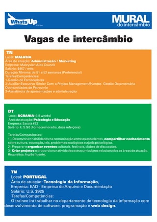 MURAL
                                                                        do intercâmbio


            Vagas de intercâmbio
TN
Local: MALASIA
Área de atuação: Administração / Marketing
Empresa: Malaysian Aids Council
Salário: $457 / mês
Duração Minima: de 51 a 52 semanas (Preferencial)
Tarefas/Competências:
1-Gestão de Fornecedores
2-Auxiliar Executivo Sênior Com o Project Management/Eventos Gestão Orçamentária
Oportunidades de Patrocínio
3-Assistência de apresentações e administração




 DT
 Local: UCRANIA (6-8 weeks)
 Área de atuação: Psicologia e Educação
 Empresa: Escola #32
 Salário: U.S.$ 0 (Fornece moradia, duas refeições)

 Tarefas/Competências:
 1 – Desenvolver habilidades na comunicação entre os estudantes, compartilhar conhecimento
 sobre cultura, educação, leis, problemas ecológicos e ajuda psicológica.
 2 - Preparar e organizar eventos culturais, festivais, clubes de discussões.
 3 - Criar projetos e proporcionar atividades extracurriculares relacionados as áreas de atuação.
 Requisitos: Inglês fluente.




   TN
   Local: PORTUGAL
   Área de atuação: Tecnologia da Informação,
   Empresa: EAD - Empresa de Arquivo e Documentação
   Salário: U.S. $925
   Tarefas/Competências:
   O trainee irá trabalhar no departamento de tecnologia da informação com
desenvolvimento de software, programação e web design.
 
