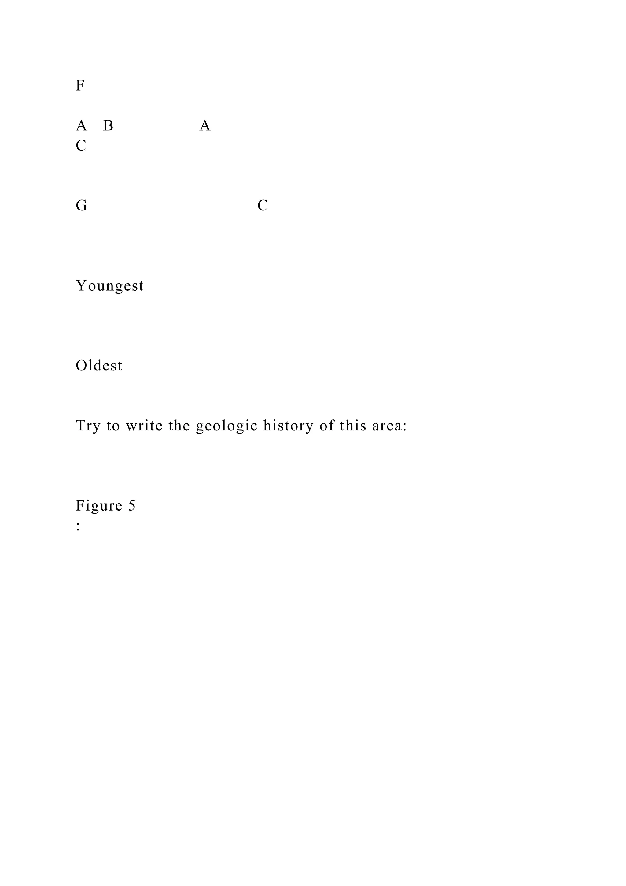 F
A B A
C
G C
Youngest
Oldest
Try to write the geologic history of this area:
Figure 5
:
 