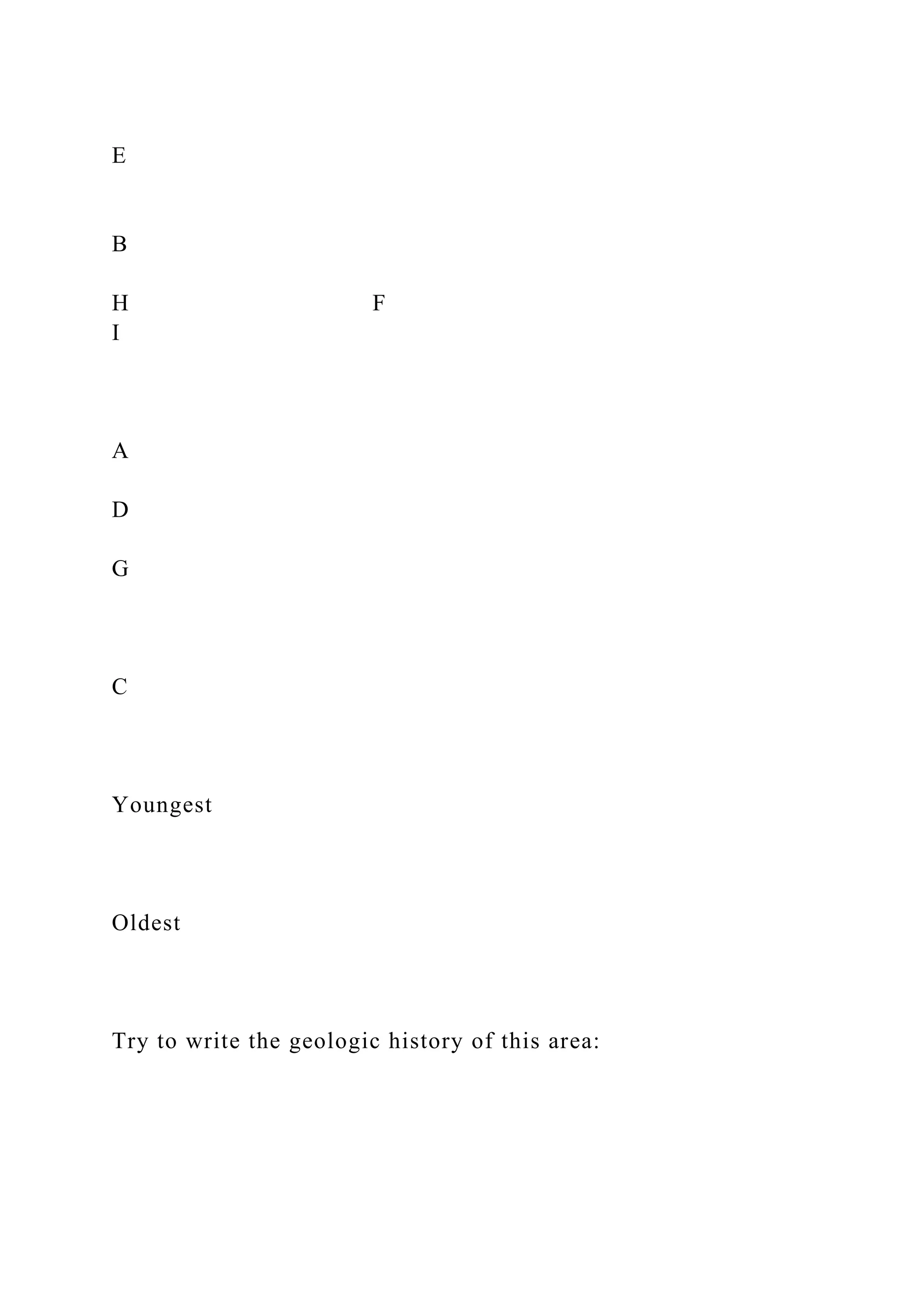 E
B
H F
I
A
D
G
C
Youngest
Oldest
Try to write the geologic history of this area:
 