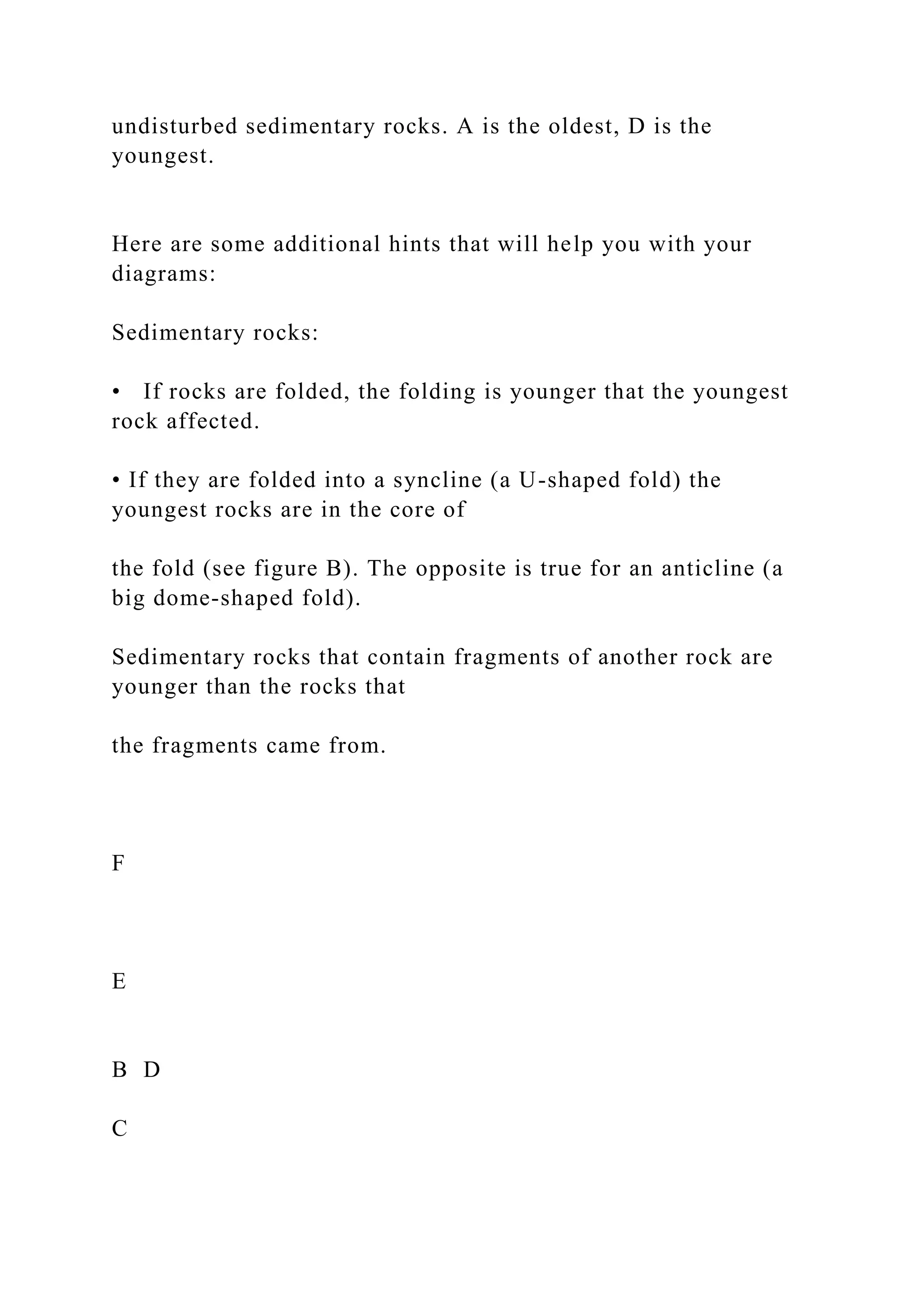 undisturbed sedimentary rocks. A is the oldest, D is the
youngest.
Here are some additional hints that will help you with your
diagrams:
Sedimentary rocks:
• If rocks are folded, the folding is younger that the youngest
rock affected.
• If they are folded into a syncline (a U-shaped fold) the
youngest rocks are in the core of
the fold (see figure B). The opposite is true for an anticline (a
big dome-shaped fold).
Sedimentary rocks that contain fragments of another rock are
younger than the rocks that
the fragments came from.
F
E
B D
C
 