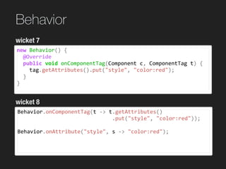 Behavior
new	Behavior()	{	
		@Override	
		public	void	onComponentTag(Component	c,	ComponentTag	t)	{	
				tag.getAttributes().put("style",	"color:red");	
		}	
}
wicket 7
wicket 8
Behavior.onComponentTag(t	->	t.getAttributes()	
																														.put("style",	"color:red"));	
Behavior.onAttribute("style",	s	->	"color:red");	
 