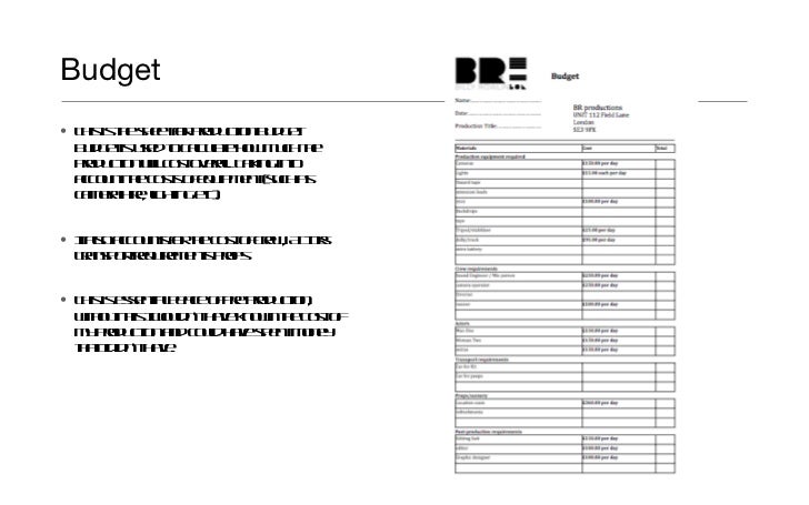 pre production paperwork tv production budget sample