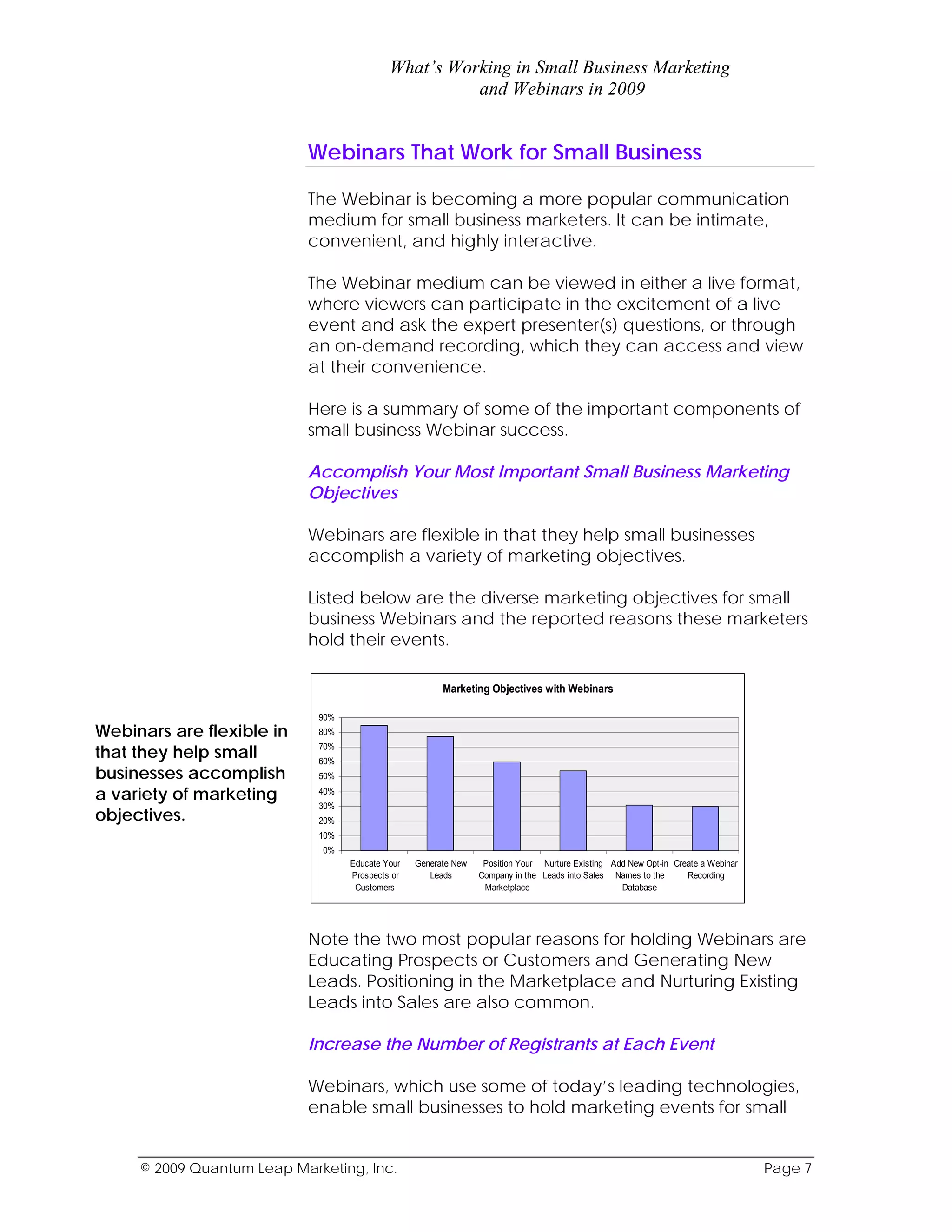 What’s Working in Small Business Marketing
                                                      and Webinars in 2009


                           Webinars That Work for Small Business

                           The Webinar is becoming a more popular communication
                           medium for small business marketers. It can be intimate,
                           convenient, and highly interactive.

                           The Webinar medium can be viewed in either a live format,
                           where viewers can participate in the excitement of a live
                           event and ask the expert presenter(s) questions, or through
                           an on-demand recording, which they can access and view
                           at their convenience.

                           Here is a summary of some of the important components of
                           small business Webinar success.

                           Accomplish Your Most Important Small Business Marketing
                           Objectives

                           Webinars are flexible in that they help small businesses
                           accomplish a variety of marketing objectives.

                           Listed below are the diverse marketing objectives for small
                           business Webinars and the reported reasons these marketers
                           hold their events.

                                                        Marketing Objectives with Webinars

                             90%
Webinars are flexible in     80%

that they help small         70%
                             60%
businesses accomplish        50%

a variety of marketing       40%
                             30%
objectives.                  20%
                             10%
                             0%
                                   Educate Your   Generate New    Position Your Nurture Existing Add New Opt-in Create a Webinar
                                   Prospects or      Leads       Company in the Leads into Sales Names to the      Recording
                                    Customers                     Marketplace                      Database




                           Note the two most popular reasons for holding Webinars are
                           Educating Prospects or Customers and Generating New
                           Leads. Positioning in the Marketplace and Nurturing Existing
                           Leads into Sales are also common.

                           Increase the Number of Registrants at Each Event

                           Webinars, which use some of today’s leading technologies,
                           enable small businesses to hold marketing events for small


     © 2009 Quantum Leap Marketing, Inc.                                                                                           Page 7
 