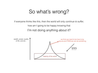So what’s wrong?
if everyone thinks like this, then the world will only continue to suffer,
how am I going to be happy knowing that
I’m not doing anything about it?
we think we need to be here to be
secure and THEN we can do something
majority of the world
???
wealth, power, quality
of life, and etc..
 